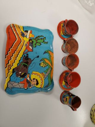 8 Pc Vintage Ohio Art Tin Litho Tea Party Set - Mexican Boy & Bull