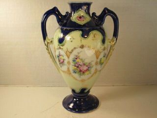 Vtg Nippon Blue With Floral Decorations 2 Handled Porcelain Vase