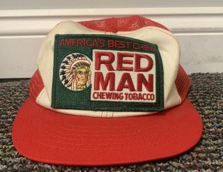 Vintage Swingster Red Man Chewing Tobacco Patch Mesh Trucker Snap Back Hat Red