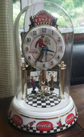 2002 Coca Cola Anniversary Clock With Glass Dome And Rotating Pendulum Diner