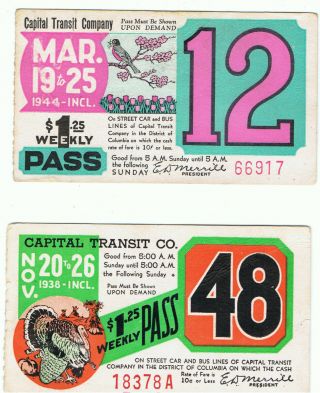 Bus Tram Tickets U S A,  2 No.  Capital Transit Co. ,  Washington D C,  1938/44