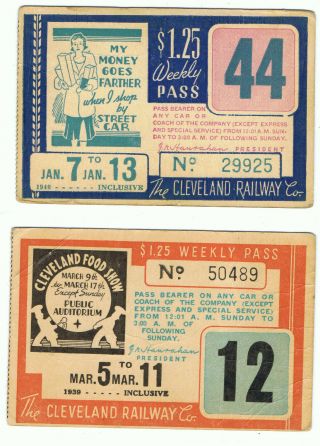 Railway Tram Tickets U S A,  2 No.  The Cleveland Railway Co.  Weekly Passes,  1939/40