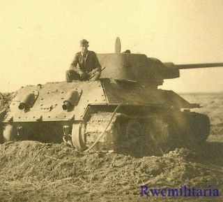 Best German Soldier Posed In Field W/ Abandoned Russian T - 34 Panzer Tank