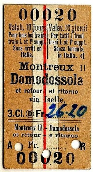 Railway Ticket: Switzerland: Montreux To Domodossola,  1934