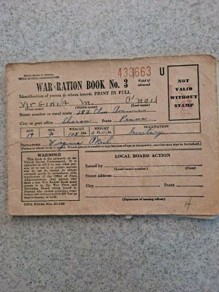 Usa War Ration Book No.  3 Opa Form No.  R - 130 433663 With Stamp And Stamps Penna.