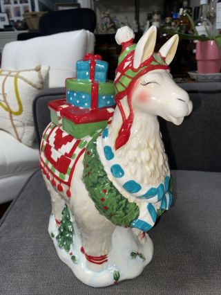 Blue Sky Clayworks Christmas White Llama Animal Cookie Jar W/ Wreath & Presents
