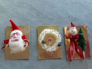 3 Vintage Christmas Tags,  2 Chenille Santa Clauses,  1 With Plaster Face & Wreath