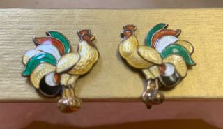 Antique Vintage Silver And Guilloche Enamel Rooster Screw Back Earrings 830s