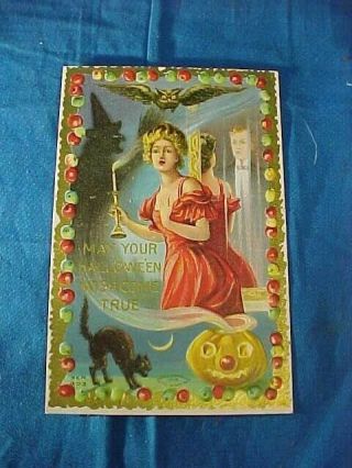 Early 20thc Halloween Postcard May Your Wish Come True Woman W Owl - Cat - Jol