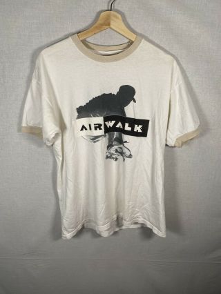 Vintage Airwalk Skateboarding Shirt Men’s Size L Made In Usa 90s White Ringer