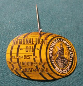 1905 Celluloid Pin Tag National Light Oil Cleveland Ohio White Rose Gasoline