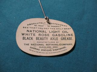 1905 Celluloid Pin Tag NATIONAL LIGHT OIL Cleveland Ohio WHITE ROSE GASOLINE 2