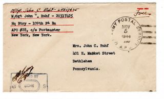 Wwii 1944 Apo 28 28th Division Cover Germany Censored