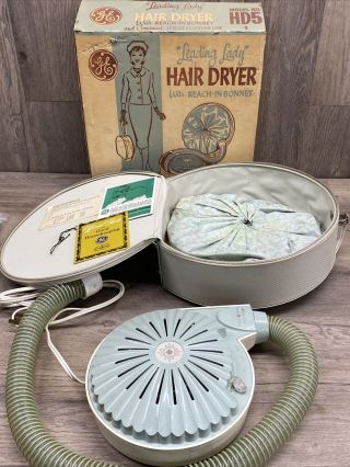 Vintage 1962 Ge " Leading Lady " Hair Dryer Model Hd - 5 W/travel Case Bonnet
