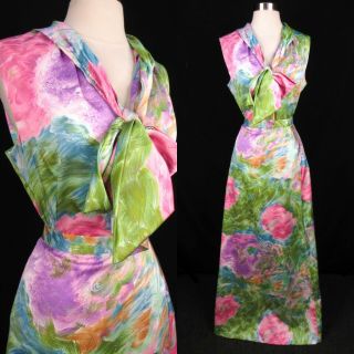 Vintage 70s Watercolor Floral Dress Set M 2 - Piece Ascot Tunic Blouse Maxi Skirt