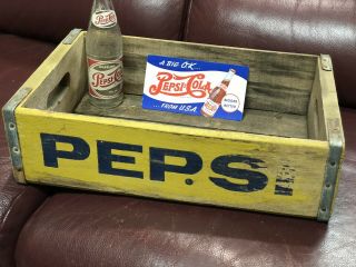 Vintage Pepsi Cola Wooden Soda Pop Crate Carrier Box With Bottle & Blotter Card