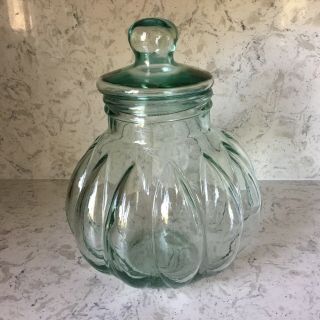 Vintage Heavy Green Glass Pumpkin Shaped Apothecary Jar W/ Lid 10 " Made In Italy
