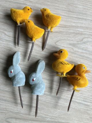 7 Vintage Flocked Easter Picks Bunny Rabbit Chicks Ducks Plastic Hong Kong