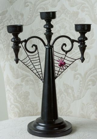 Black Metal Gothic Halloween 3 Candle Candleabra W/spider And Webs,  13.  25 " Tall