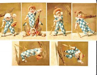 Six French Victorian Trade Card Set (6) Boy Clown Jousting With Broom Usps