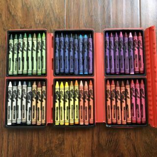 Vintage Prang Crayon 48 Color Set W/ Red Plastic Trifold Case Made In Usa