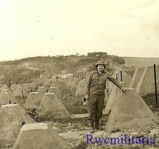 Siegfried Line Us Army Soldier Posed By German Concrete Tank Barriers; 1945