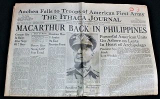 Vintage Wwii Newspaper Macarthur Back In Philippines 20 October 1944 Ithaca Ny