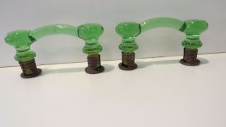 Rare Set Of 2 Vintage Antique Green Depression Glass Tray Handles