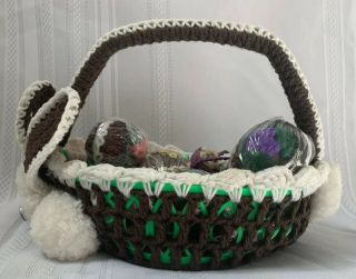 Vintage Crochet Easter Basket Hand Crafted Basket & Bunny Eggs Knitted