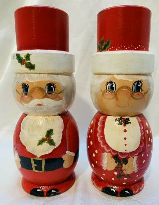 Vntg Hand Painted Wooden Mr & Mrs Santa Claus Candle Holder Christmas 7.  5 " Tall