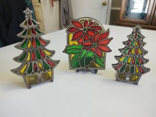 3 Vintage Stained Glass Cast Iron Christmas Tree/poinsettia Candle Holders Read