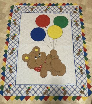 Vintage That’s Our Baby Crib Quilt Blanket Bear Balloons Rainbow Ruffle