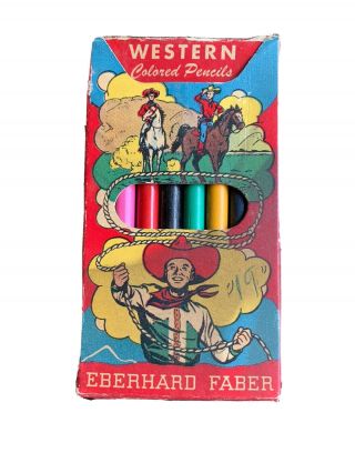 Vintage 1950’s Eberhard Faber Western Colored Pencils Box W Pencils Children