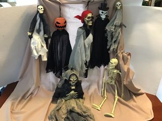 7 Halloween Hanging Decorations Grim Skeletons,  Pumpkin Each 13” Pre - Owned