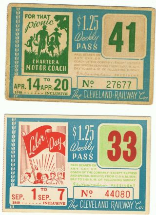 Railway Tram Tickets U S A,  2 No.  The Cleveland Railway Co.  Weekly Passes,  1940