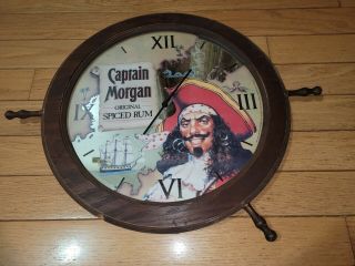 Vintage Captain Morgan Spiced Rum Clock Ships Wheel Wall Mirror Sign