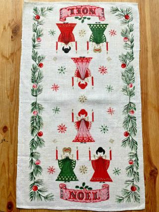 Vintage Mcm Linen Dish Tea Towel Christmas Holiday Three Noel Angels
