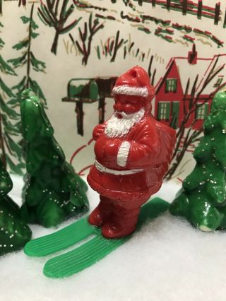 Vtg 1950’s Plastic Santa On Green Skis Candy Container Ornament Irwin