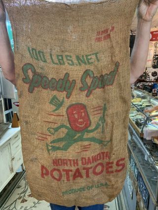 Vintage 100 Lbs Speedy Spud North Dakota Potatoes Burlap Sack