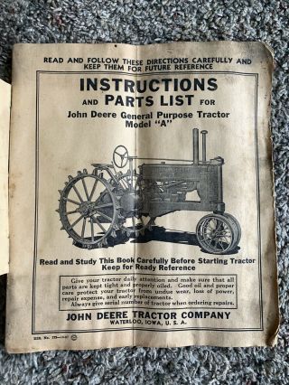 John Deere Model A Tractor Instructions & Parts Dated 8/1937 52 Pages