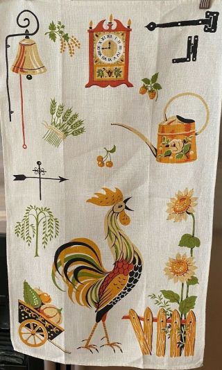 Pair Nos Vintage Linen Tea Towels - Parisian Print - Roosters & Sunflowers - Gold