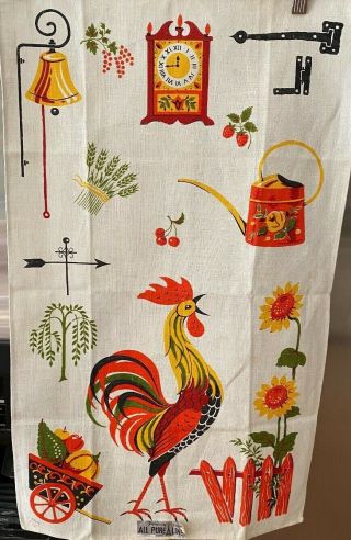 Pair Nos Vintage Linen Tea Towels - Parisian Print - 1w/tag - Roosters & Sunflowers