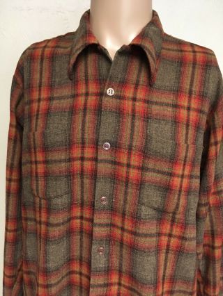 Vintage 60s Sears Japanese Wool Blend Board Shirt Brown Red Lime Plaid Large