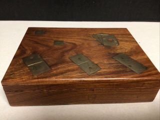 Vintage Hardwood/brass Dominoes,  Dice,  Playing Cards In Brass Inlayed Wood Box