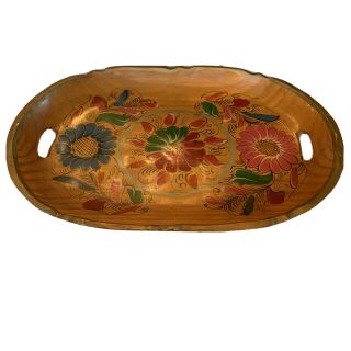 Vintage Hand Painted Wood Serving Tray Floral Design