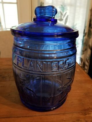 Vintage Planters Running Mr Peanut Cobalt Blue Glass Barrel Cookie/candy Jar
