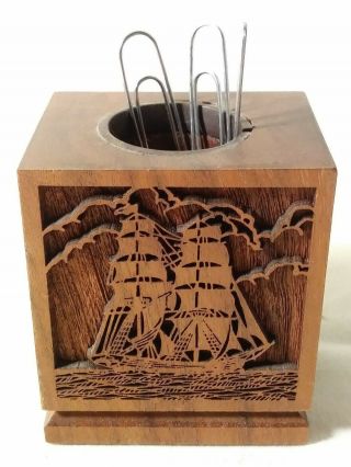 Magnetic Paperclip/pen Holder With Tall Ship Engraving Solid American Walnut