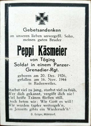 German Death Card.  Soldier in a Panzer Grenadier regiment. 2