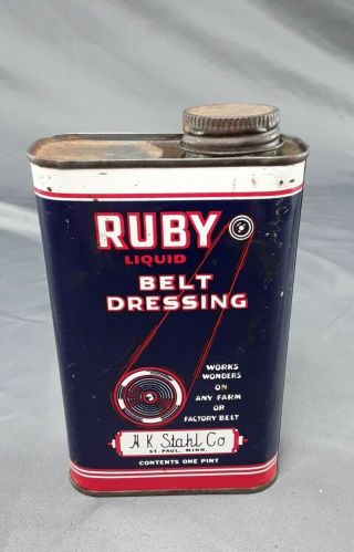 Vintage Ruby Belt Dressing Oil Tin Can Full Pint H.  K.  Stahl Co.  St Paul,  Mn
