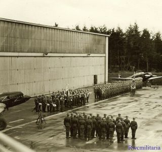 Lg.  Port.  Photo: Overview Luftwaffe Unit Airfield Ceremony W/ He - 70 Recon Planes
